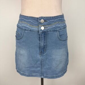 Romwe Womens Medium Wash Embroidered Butterfly Denim Mini Skirt Blue Size M US 6